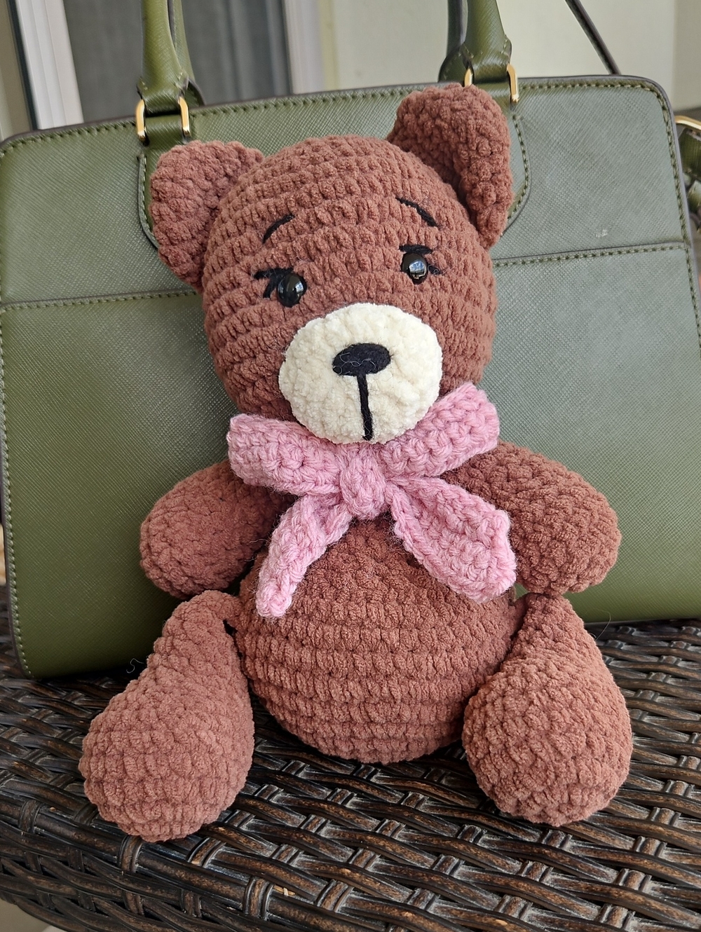 Handmade Crochet Amigurumi Teddy Bear with Pink Scarf